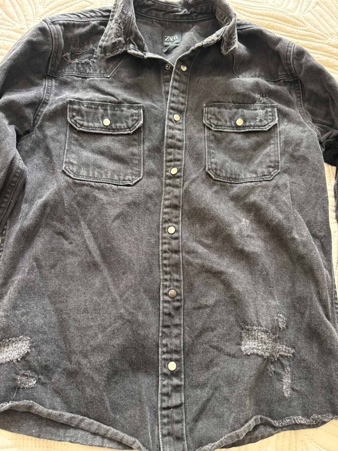 ZARA Distressed Black Denim Shirt Jacket