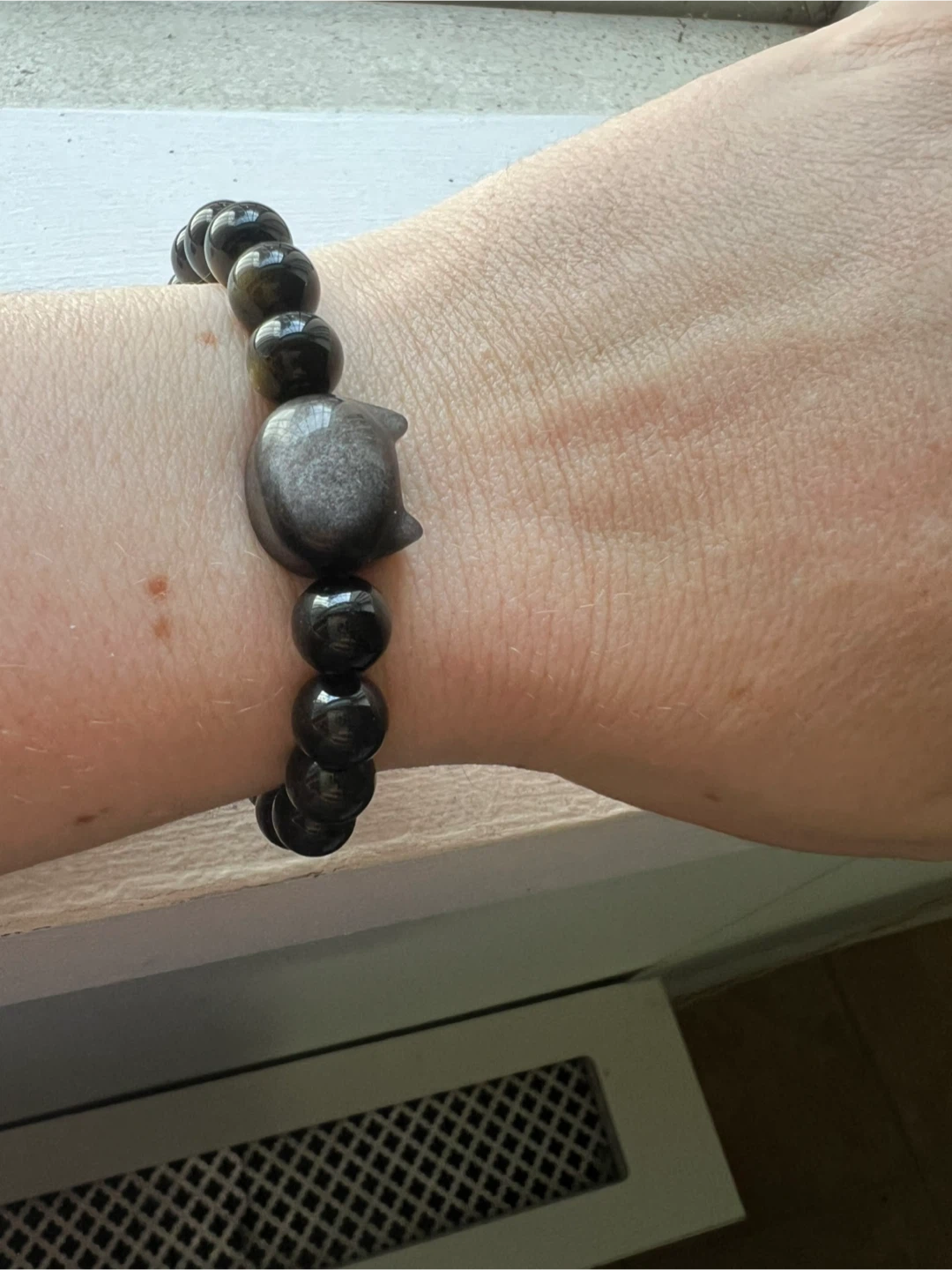Black obsidian Beaded Bracelet with Cat Charm