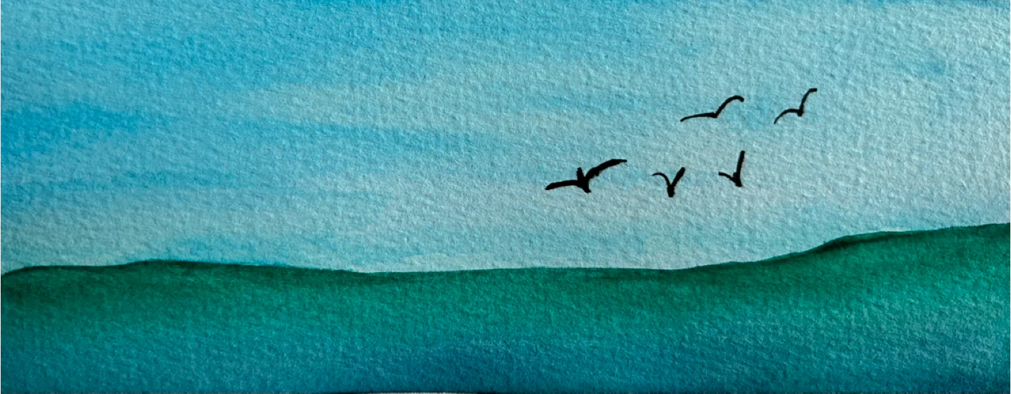 Original Watercolour Painting - Birds Flying Over Green Hills - photo 2