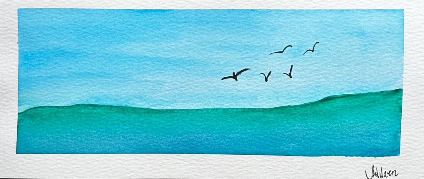 Original Watercolour Painting - Birds Flying Over Green Hills - photo 3