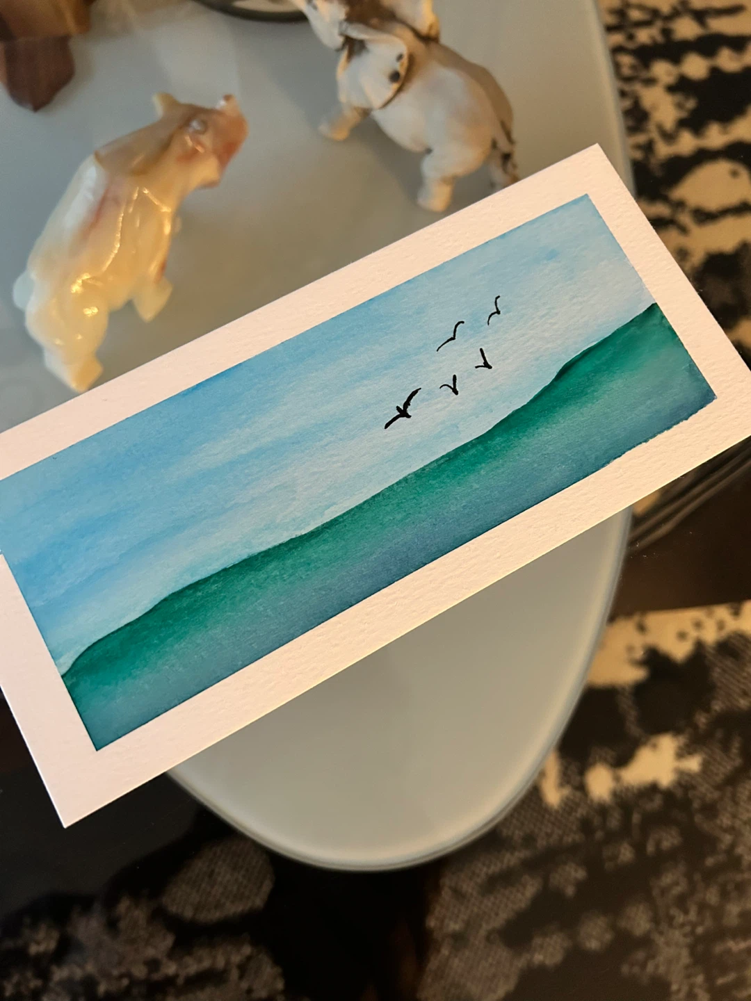 Original Watercolour Painting - Birds Flying Over Green Hills