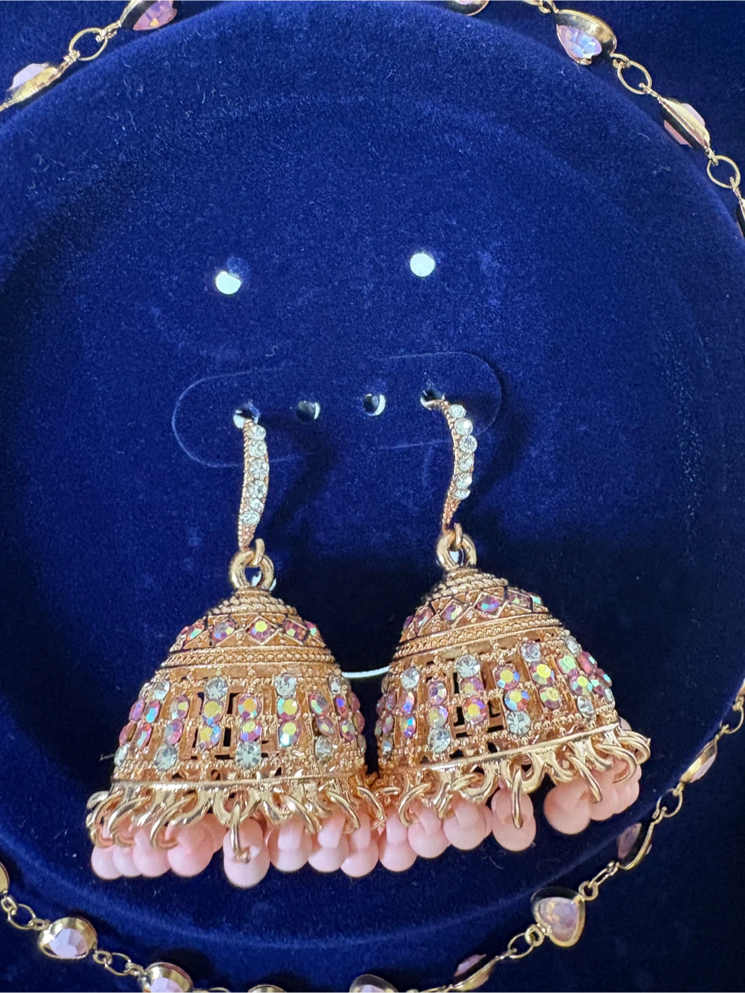 Rose Gold Jhumka Earrings with Pink Beads - photo 3