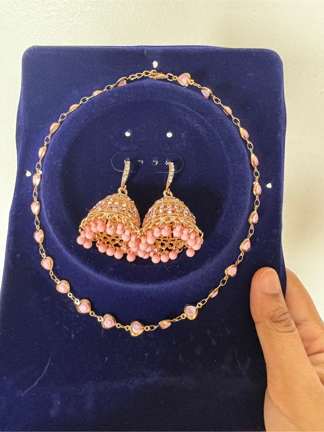Rose Gold Jhumka Earrings with Pink Beads
