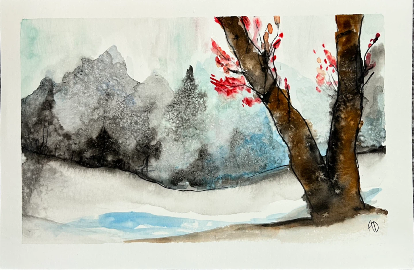 Watercolor Winter Landscape Art - photo 4