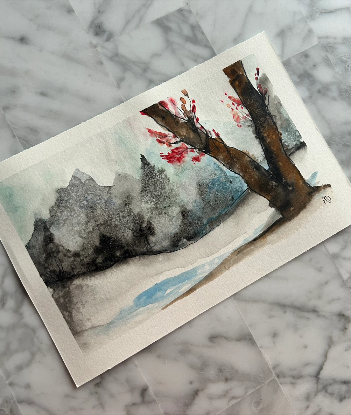 Watercolor Winter Landscape Art