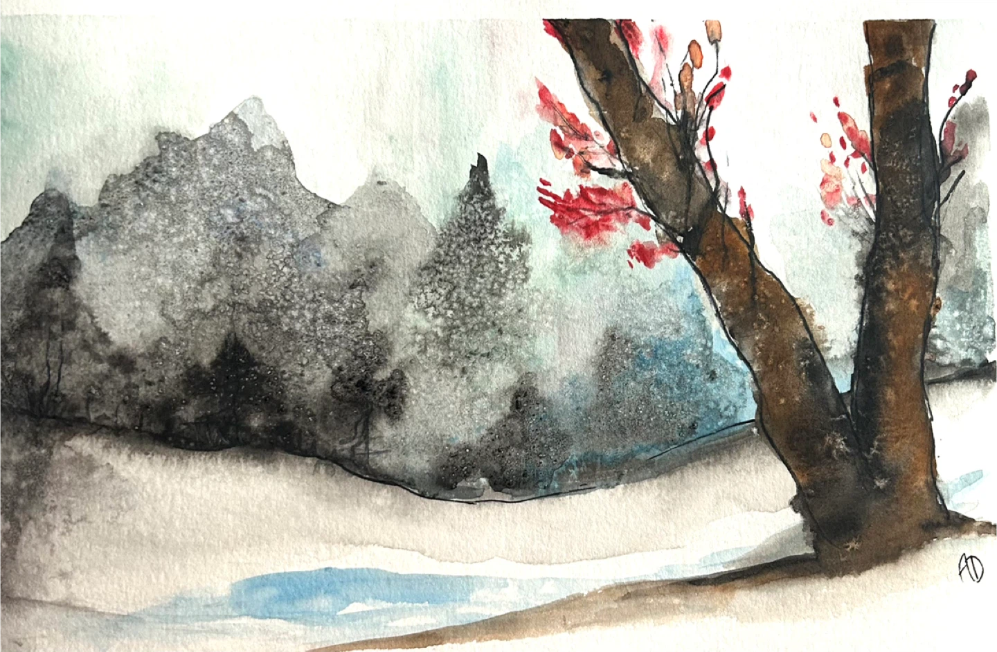 Watercolor Winter Landscape Art - photo 2
