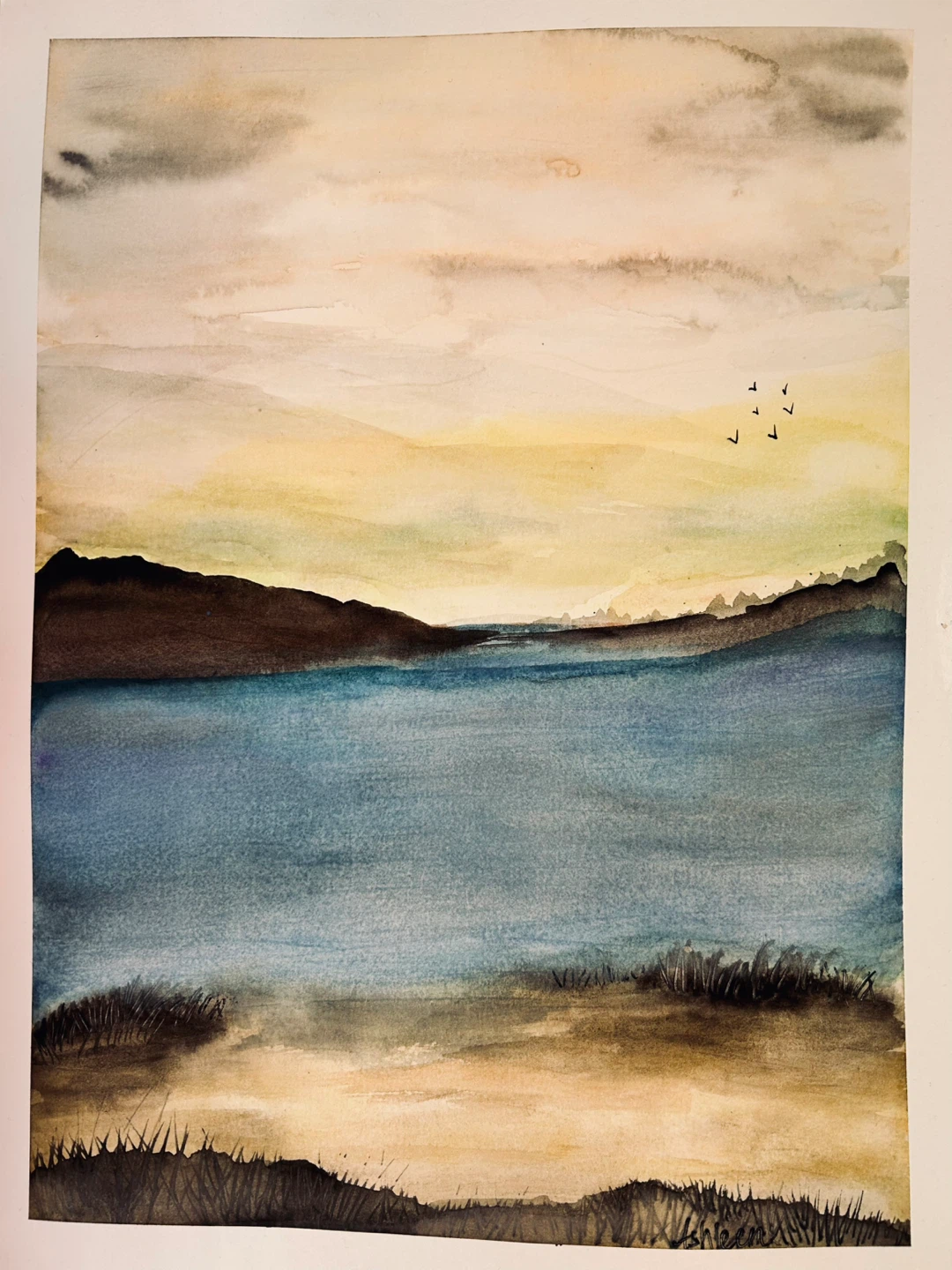 Watercolor Landscape Painting of a Lake Scene