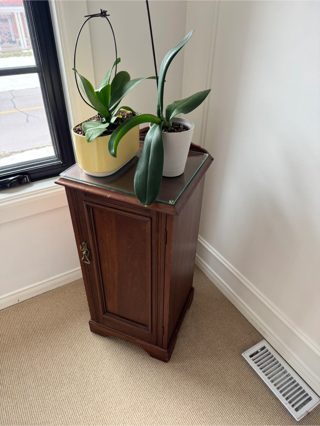 Antique Wooden Accent Cabinet with Glass Top