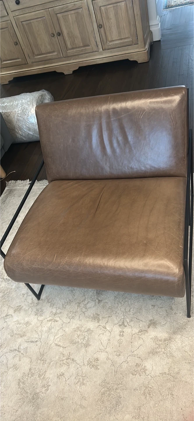 2 Brown Leather Armchair with Black Metal Frame