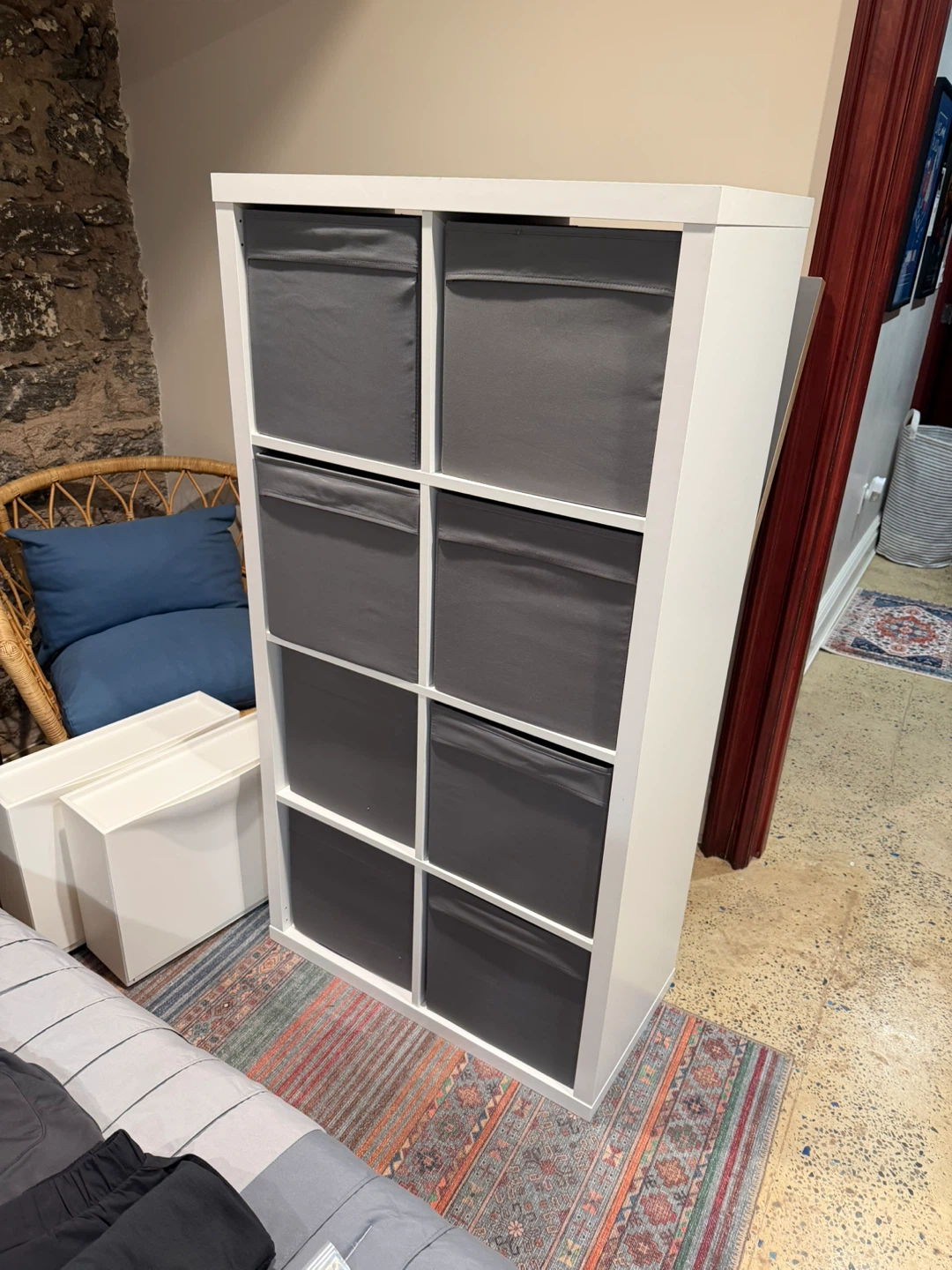 Ikea kallax White 8-Cube Storage Organizer with Gray Bins