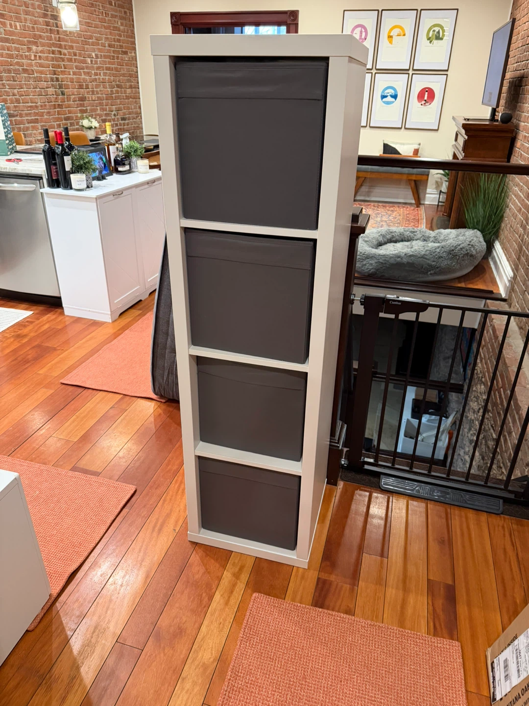 White 4-Cube Storage Unit with Gray Bins