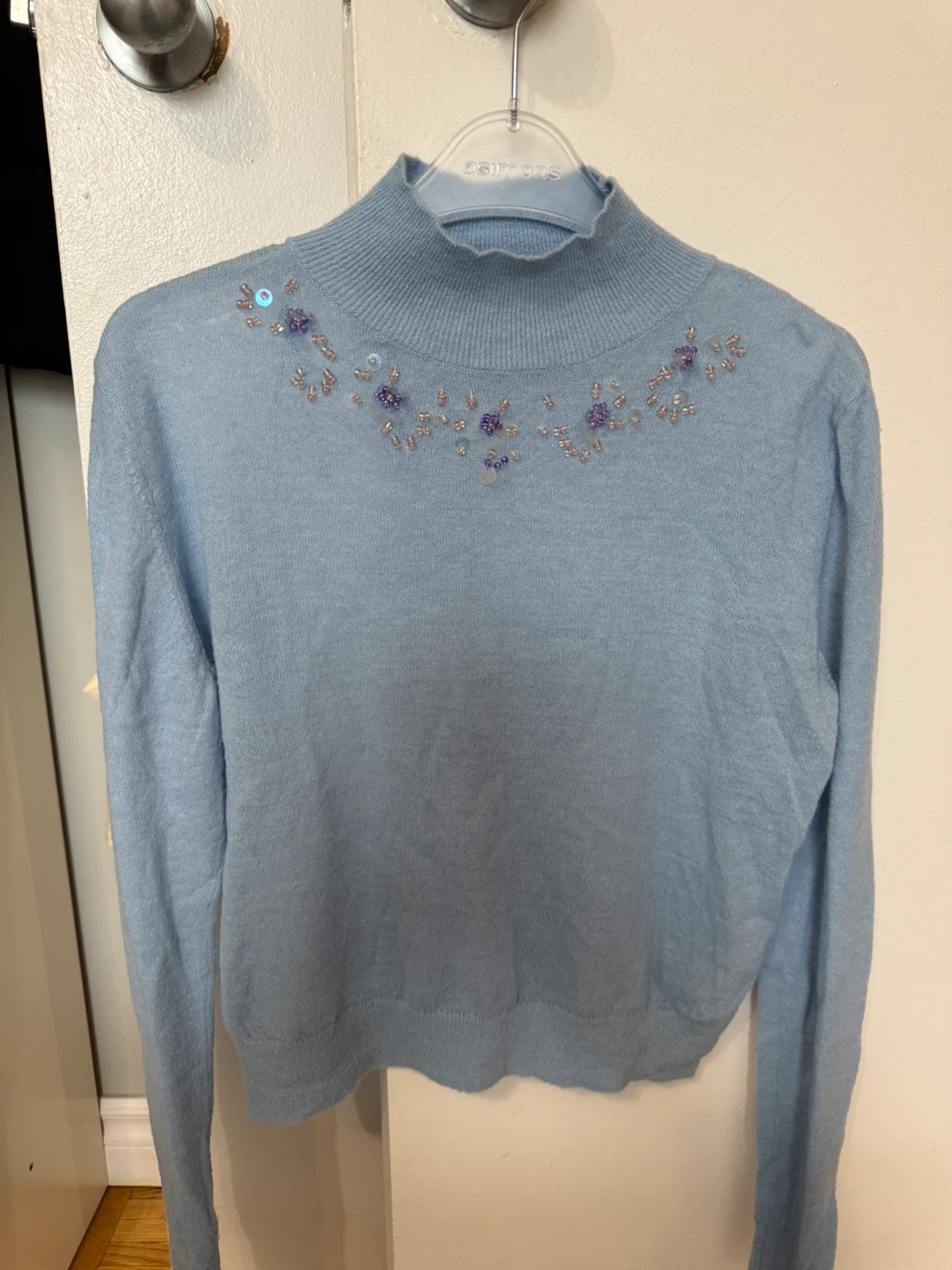 ZARA Blue Beaded Mock Neck Sweater - Size L