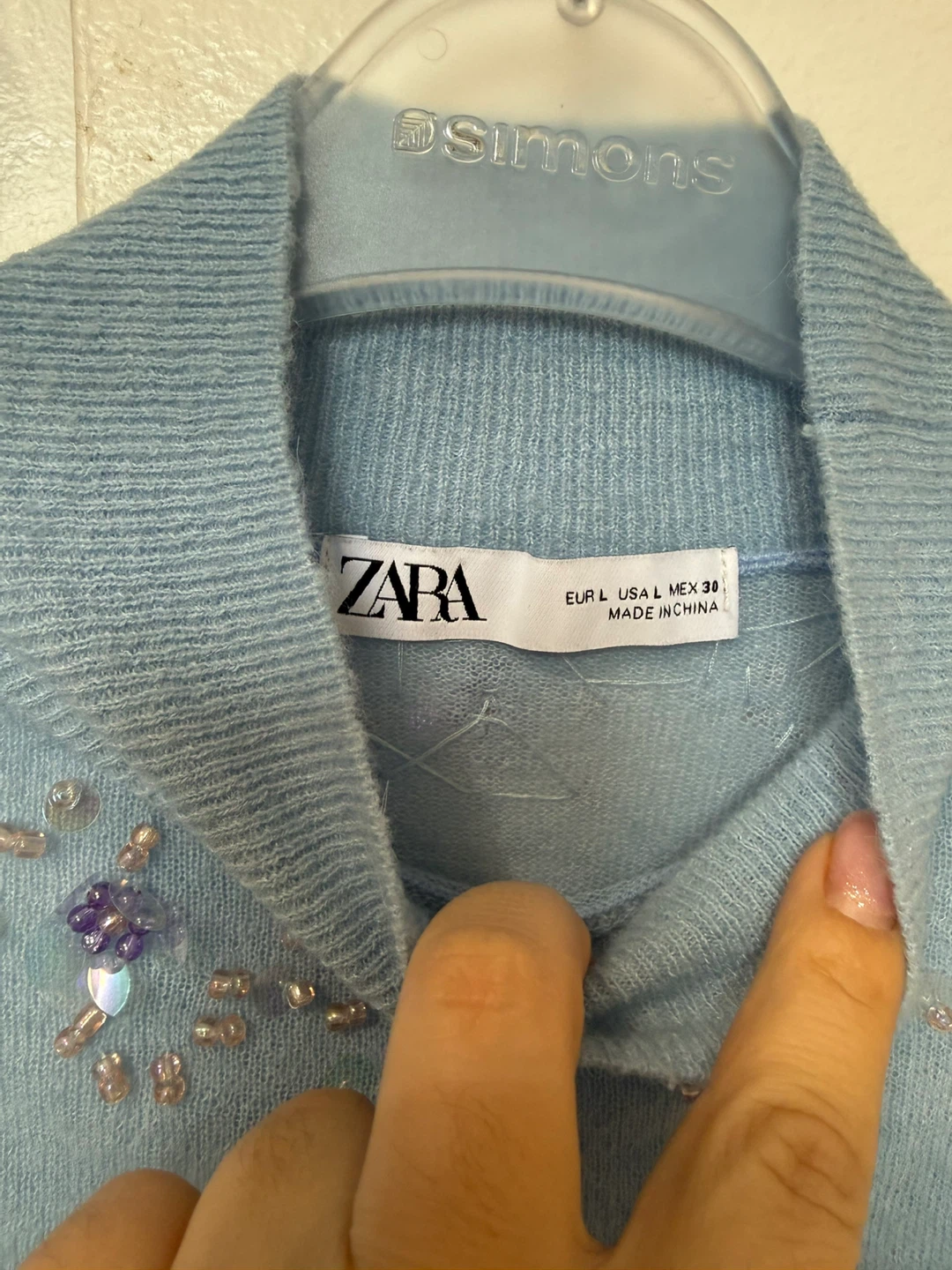 ZARA Blue Beaded Mock Neck Sweater - Size L - photo 3