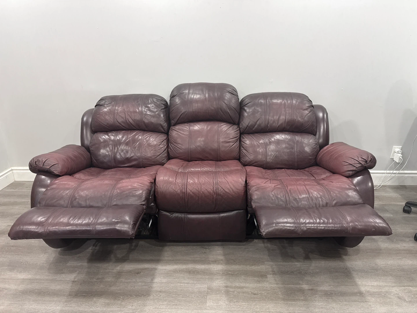 Used Leather Reclining Sofa - Burgundy - photo 2