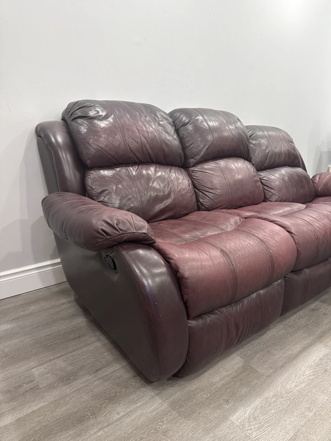 Used Leather Reclining Sofa - Burgundy - photo 4