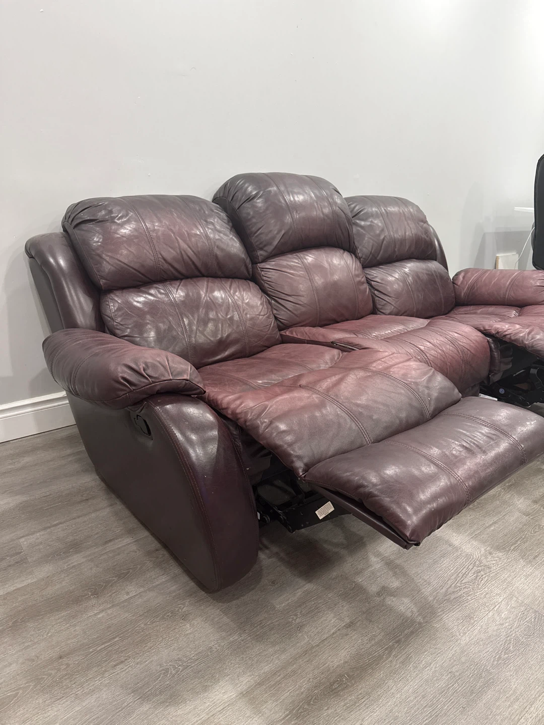 Used Leather Reclining Sofa - Burgundy - photo 3