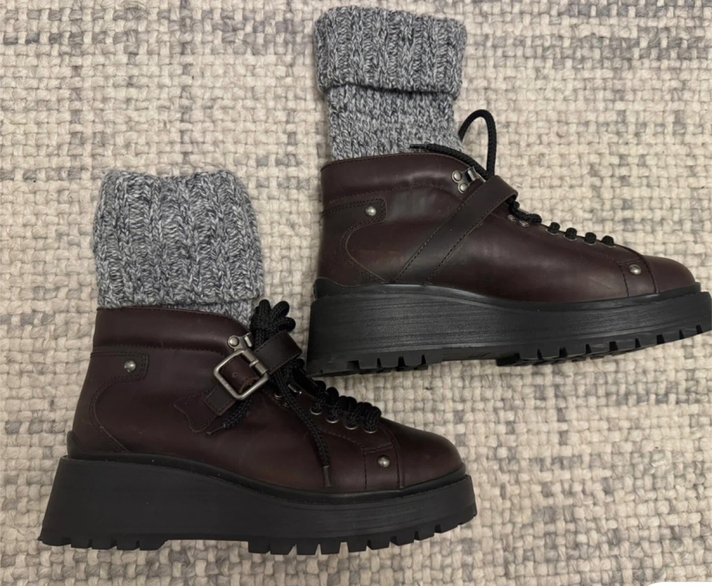 Miu Miu Leather Platform Combat Boots with Knit Socks - photo 4