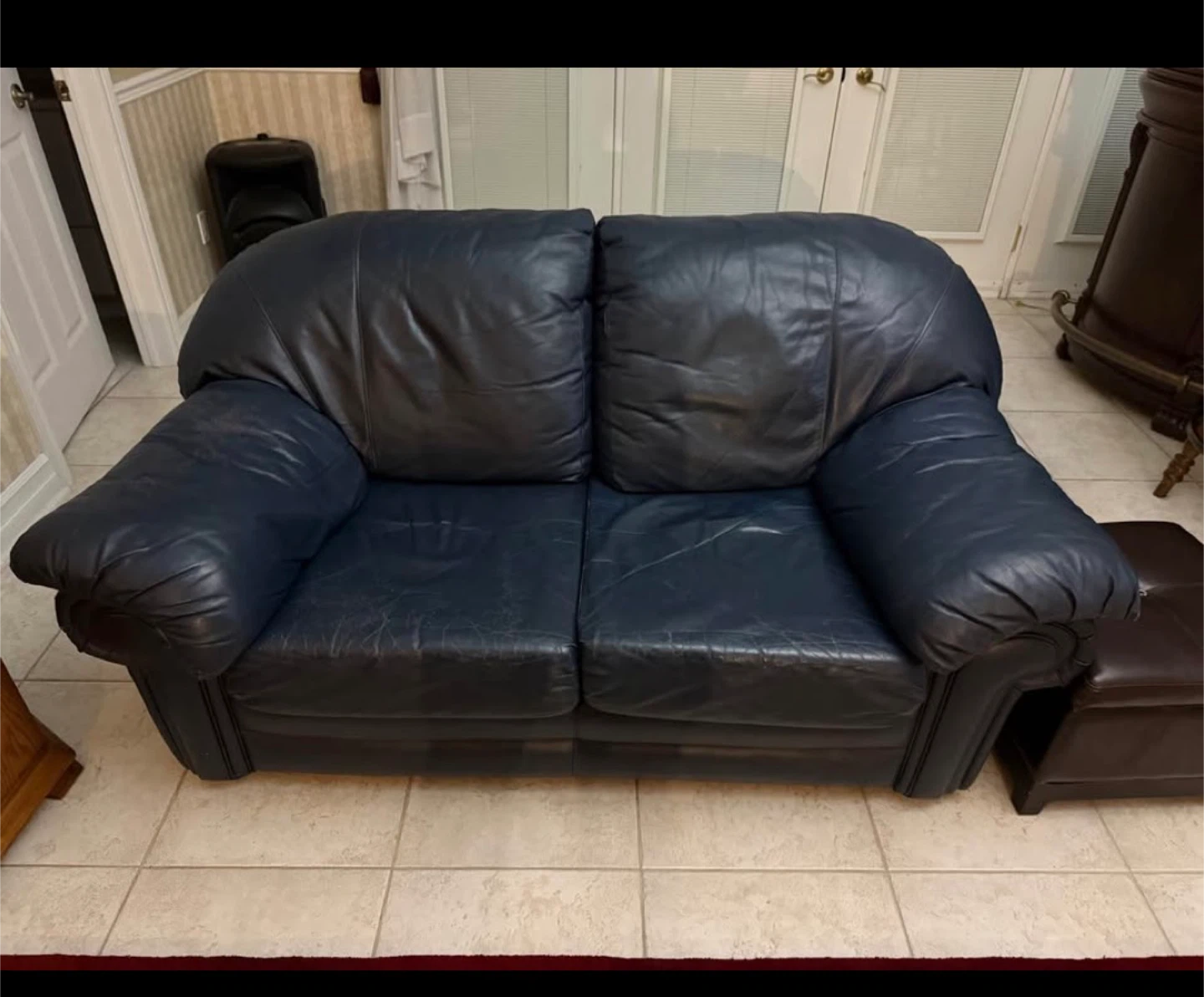Navy Blue Leather Loveseat