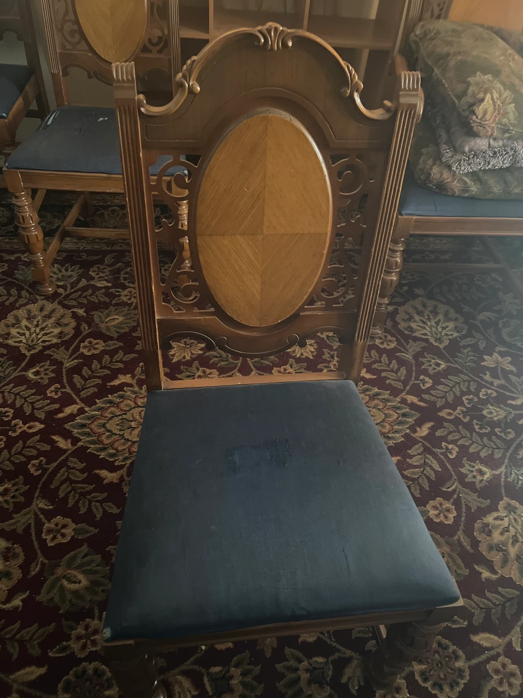 Wooden Dining Chair with Blue Upholstered Seat