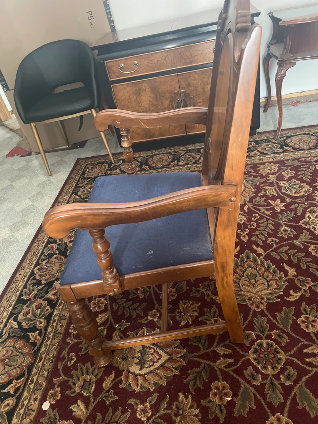 Vintage Wooden Dining Chair with Blue Upholstery - photo 2
