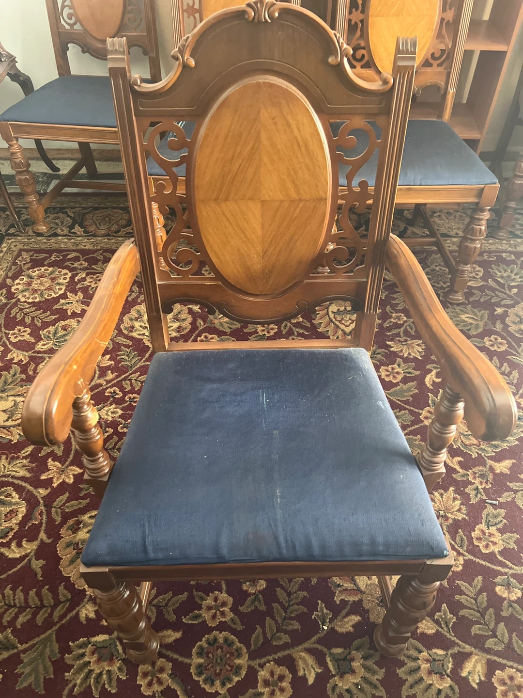 Vintage Wooden Dining Chair with Blue Upholstery
