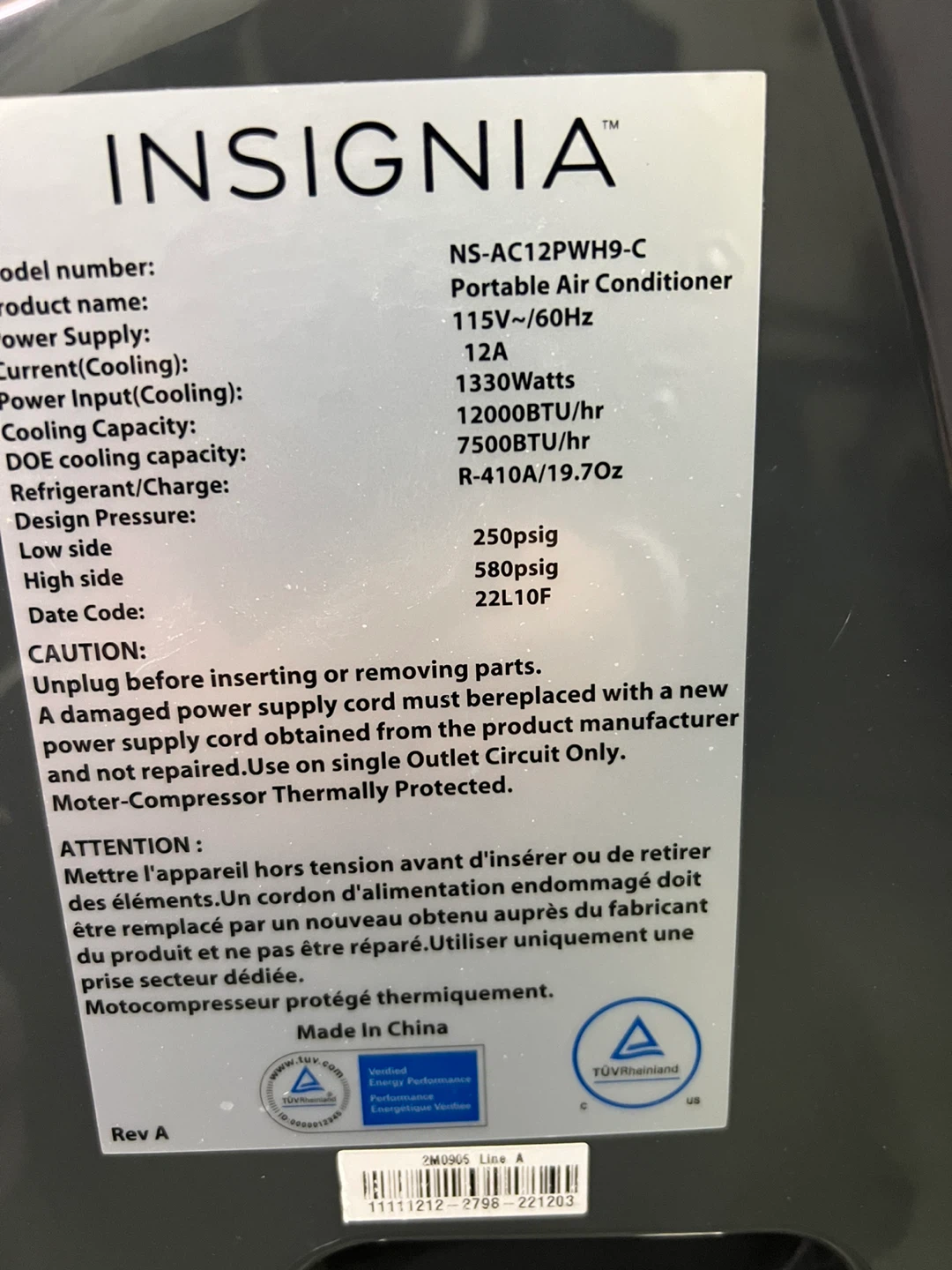 Insignia Portable Air Conditioner NS-AC12PWH9-C 12000 BTU - photo 2