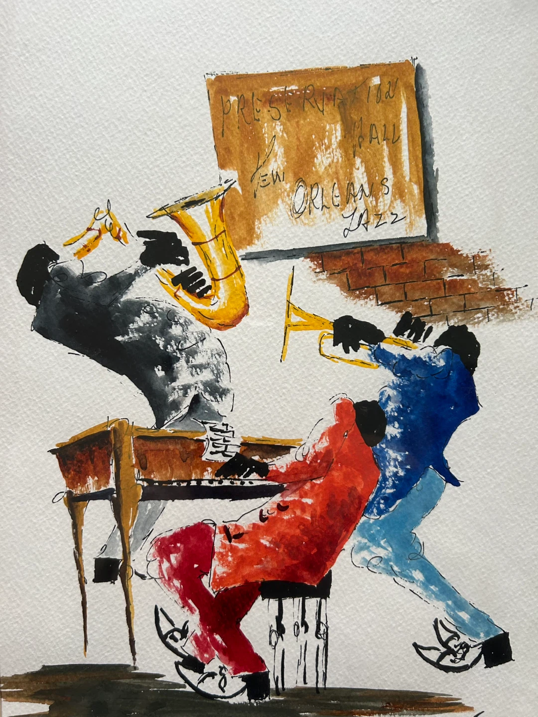 Original Watercolor Framed New Orleans Jazz Band Painting - photo 2