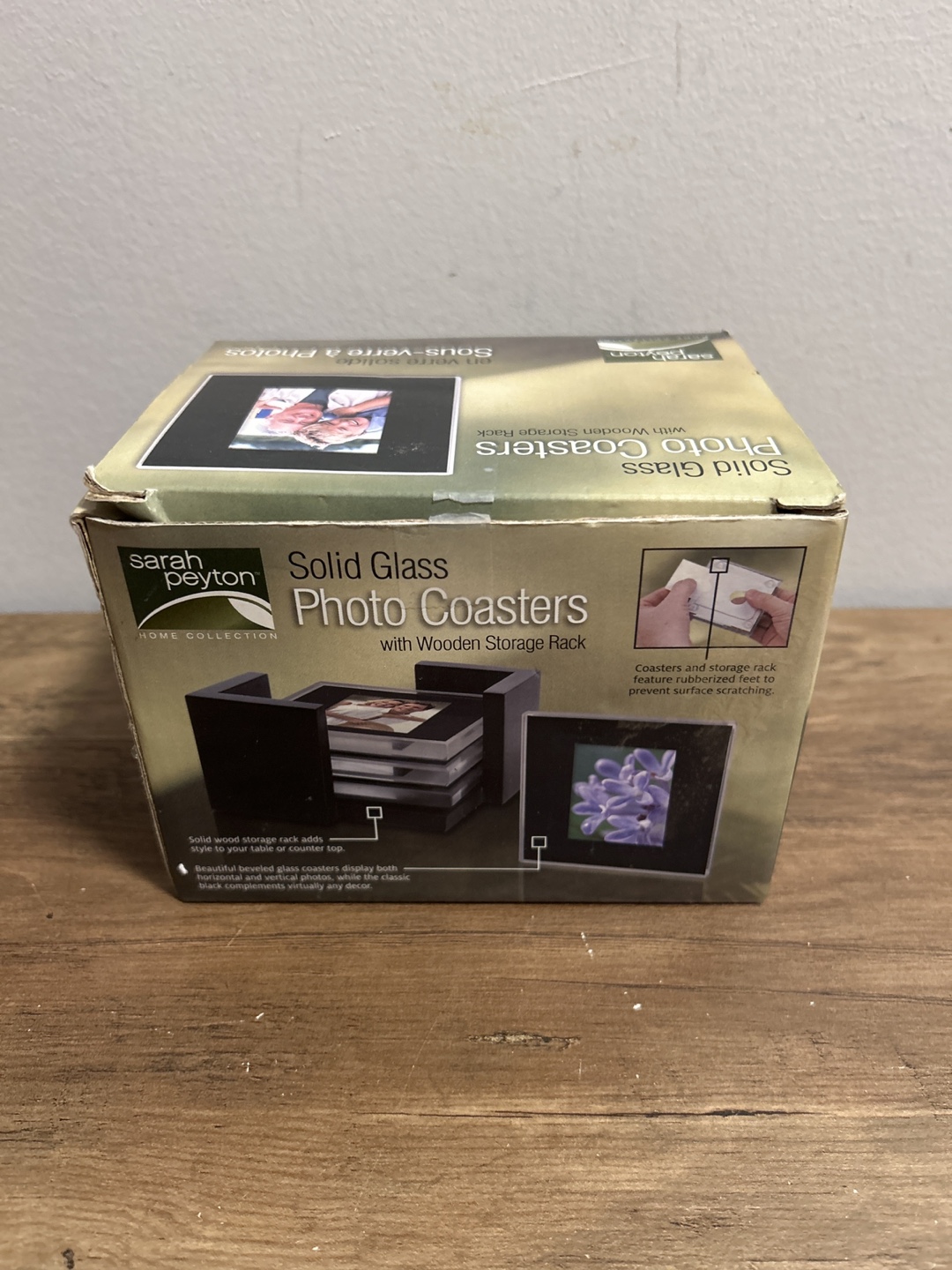 Sarah Peyton Solid Glass Photo Coasters with Wooden Storage Rack