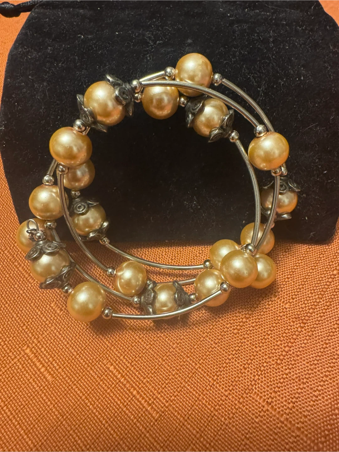 Pearl and Silver Tone Coil Bracelet
