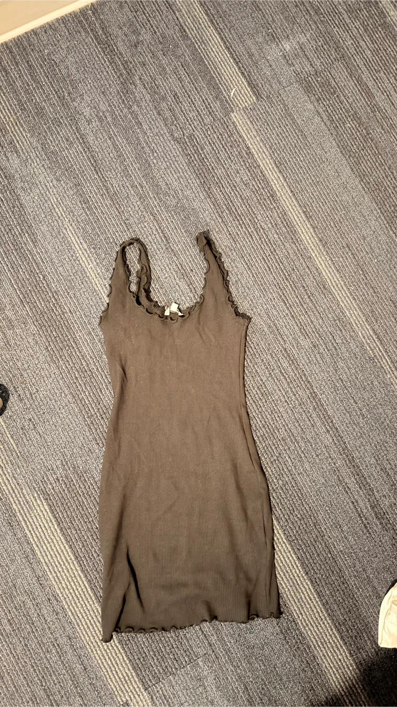 Brown Ribbed Lettuce Trim Tank Dress