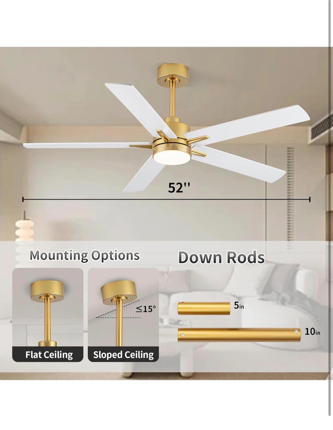 52" Gold and White Reversible Ceiling Fan with Remote F52 - photo 2