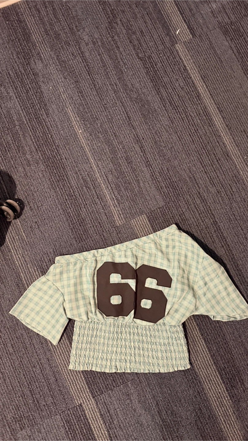 Light Blue Gingham Off-the-Shoulder Top with "66"