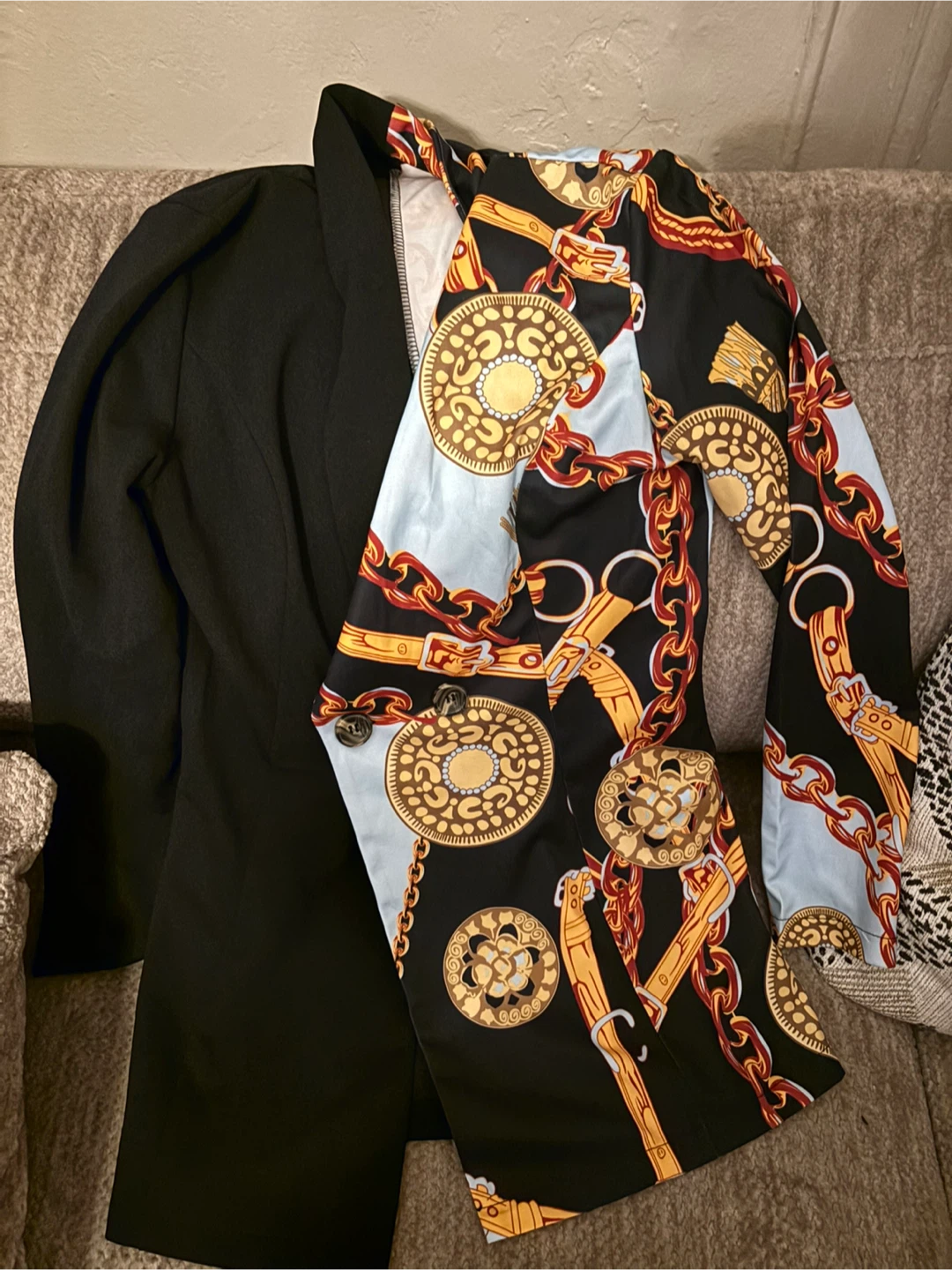 Women's Black Blazer with Chain Print Accent