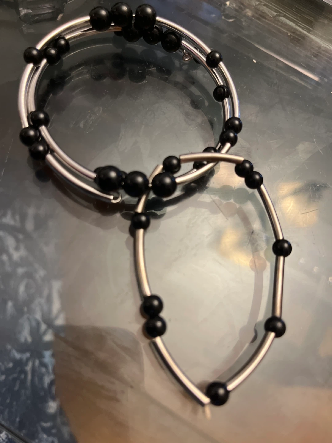 Silver Tone Wire Bangles with Black Beads - photo 2