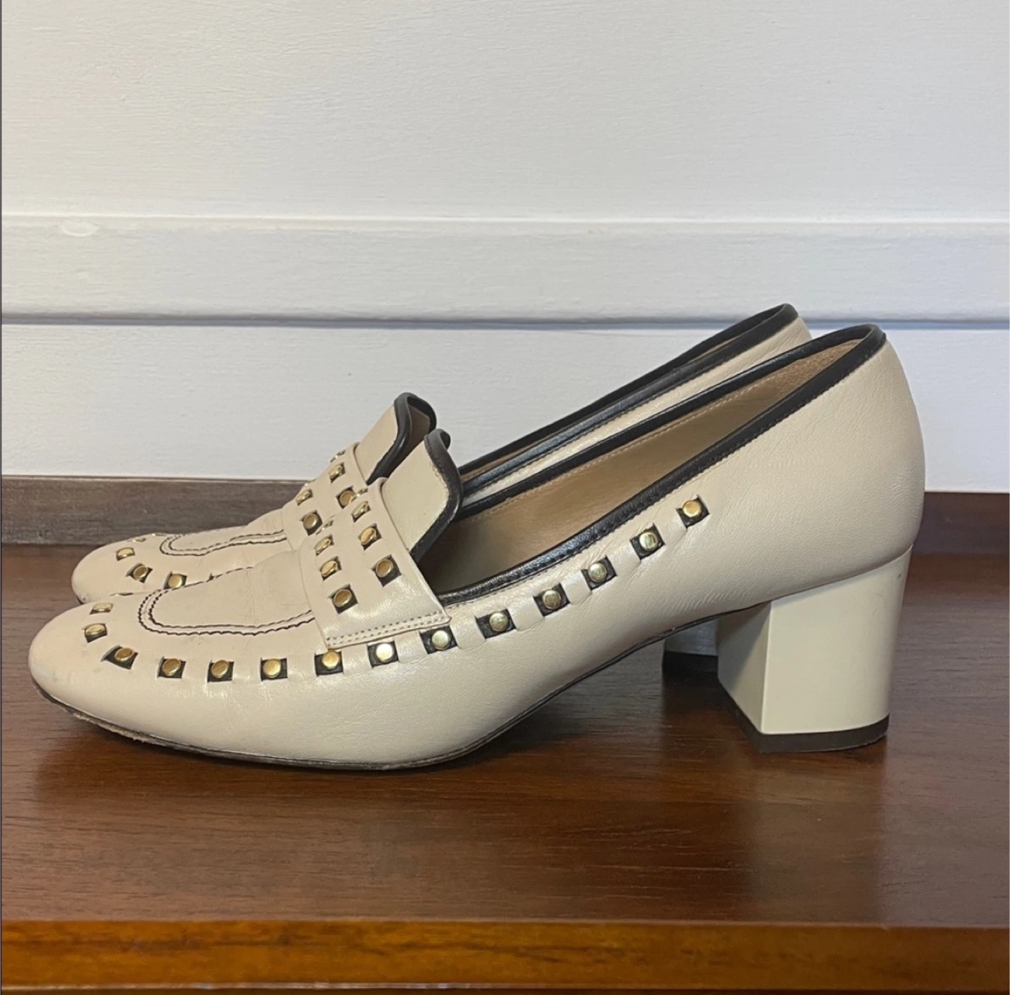 Tory Burch Cream Leather Studded Block Heel Loafers