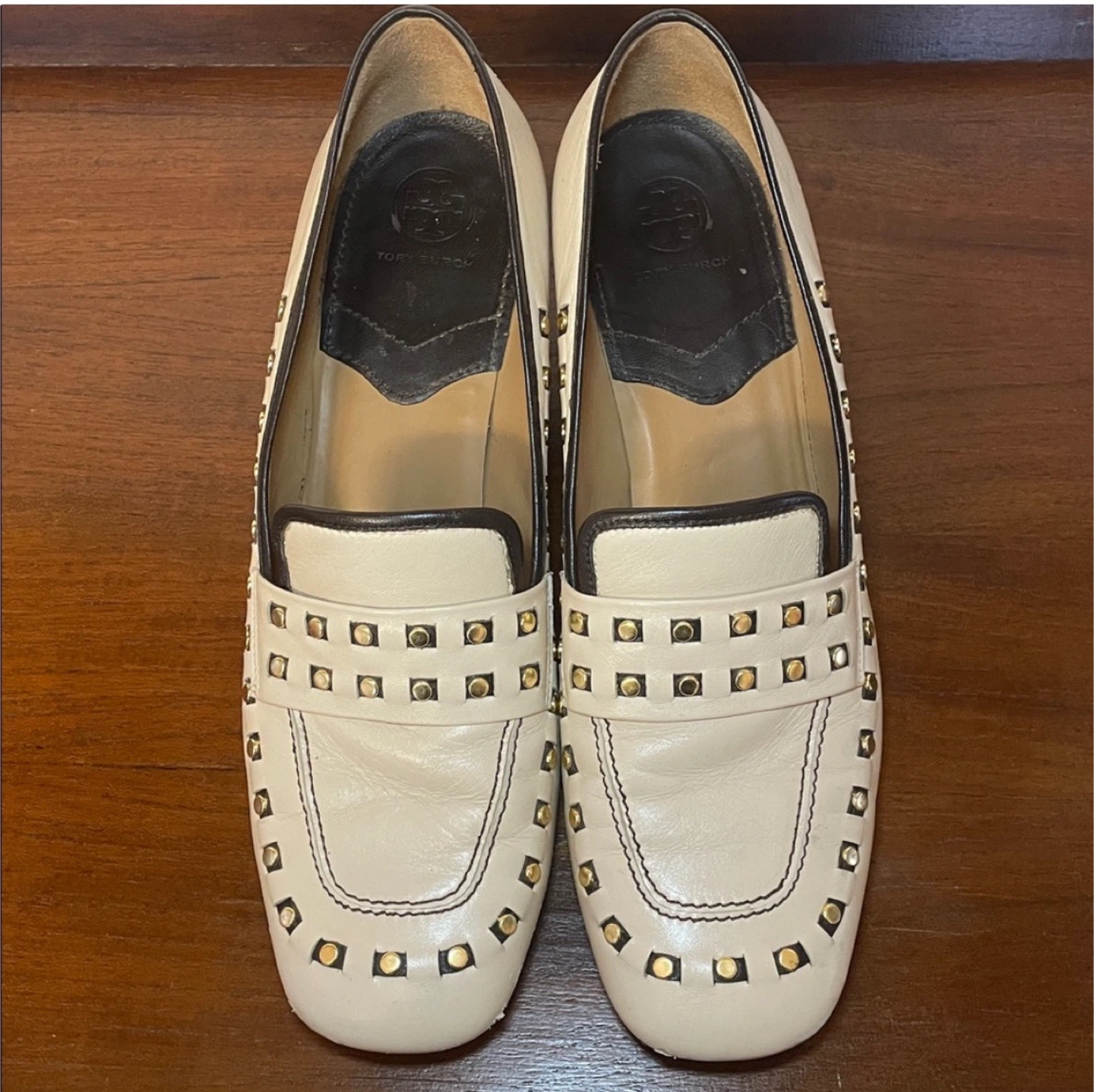 Tory Burch Cream Leather Studded Block Heel Loafers - photo 2