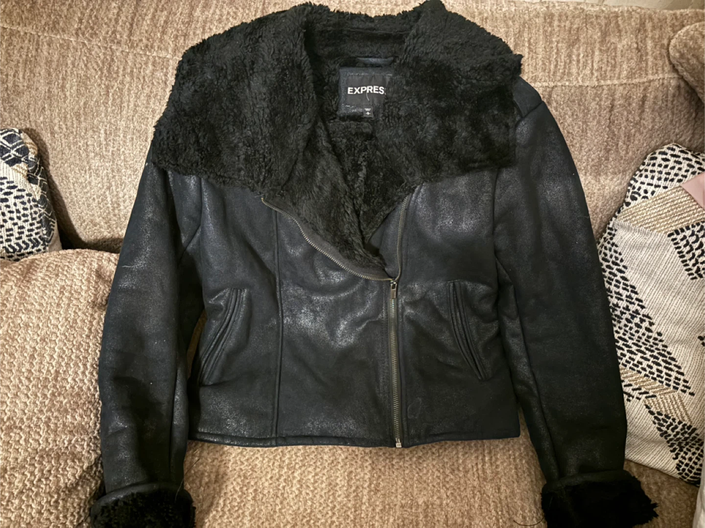Express Black Faux Leather Sherpa Lined Moto Jacket