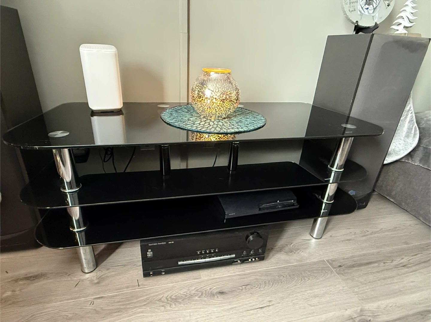 Black Glass 3-Tier Entertainment TV Stand with Chrome Legs - photo 2