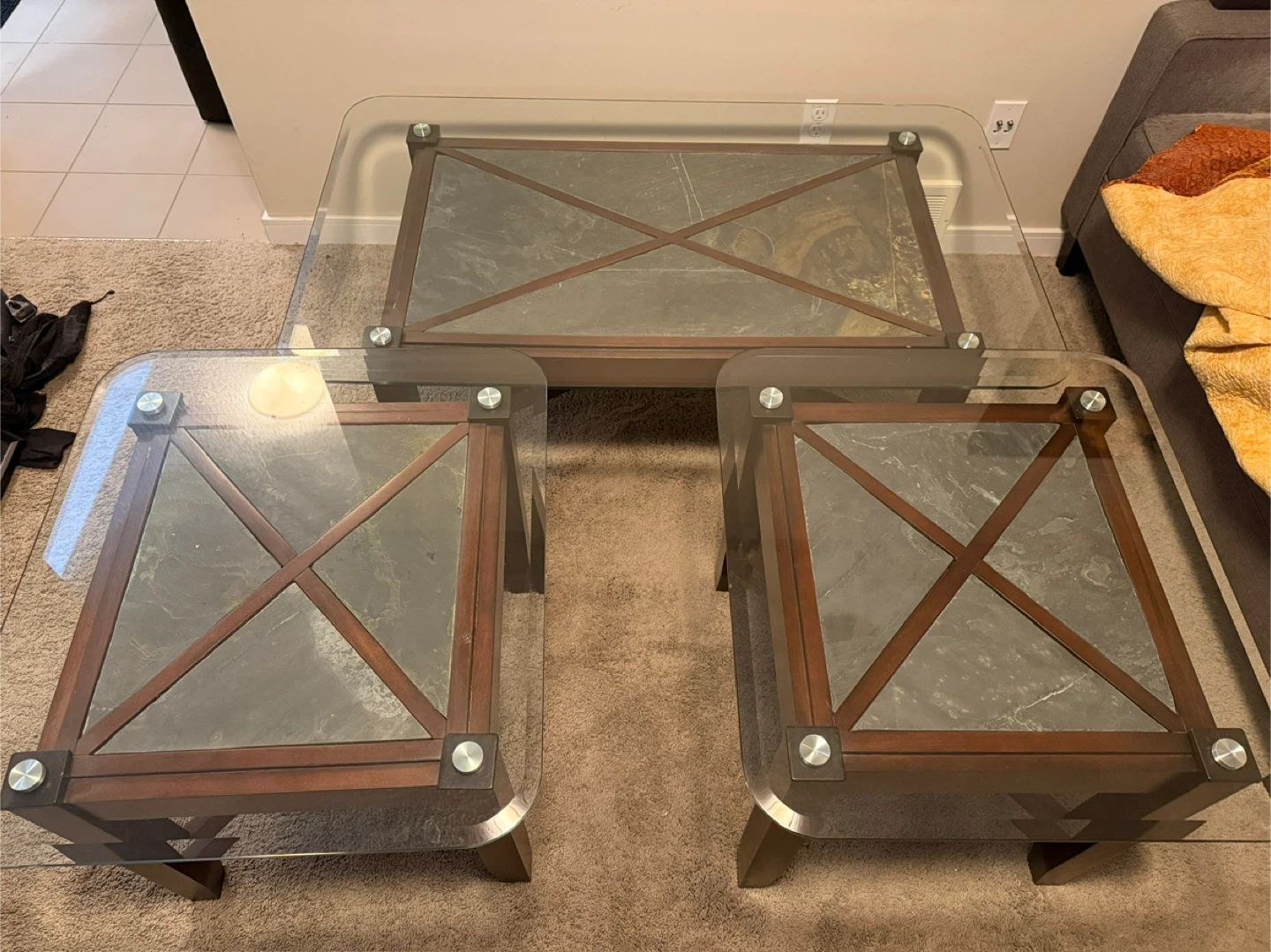 Glass and Wood Coffee Table Set