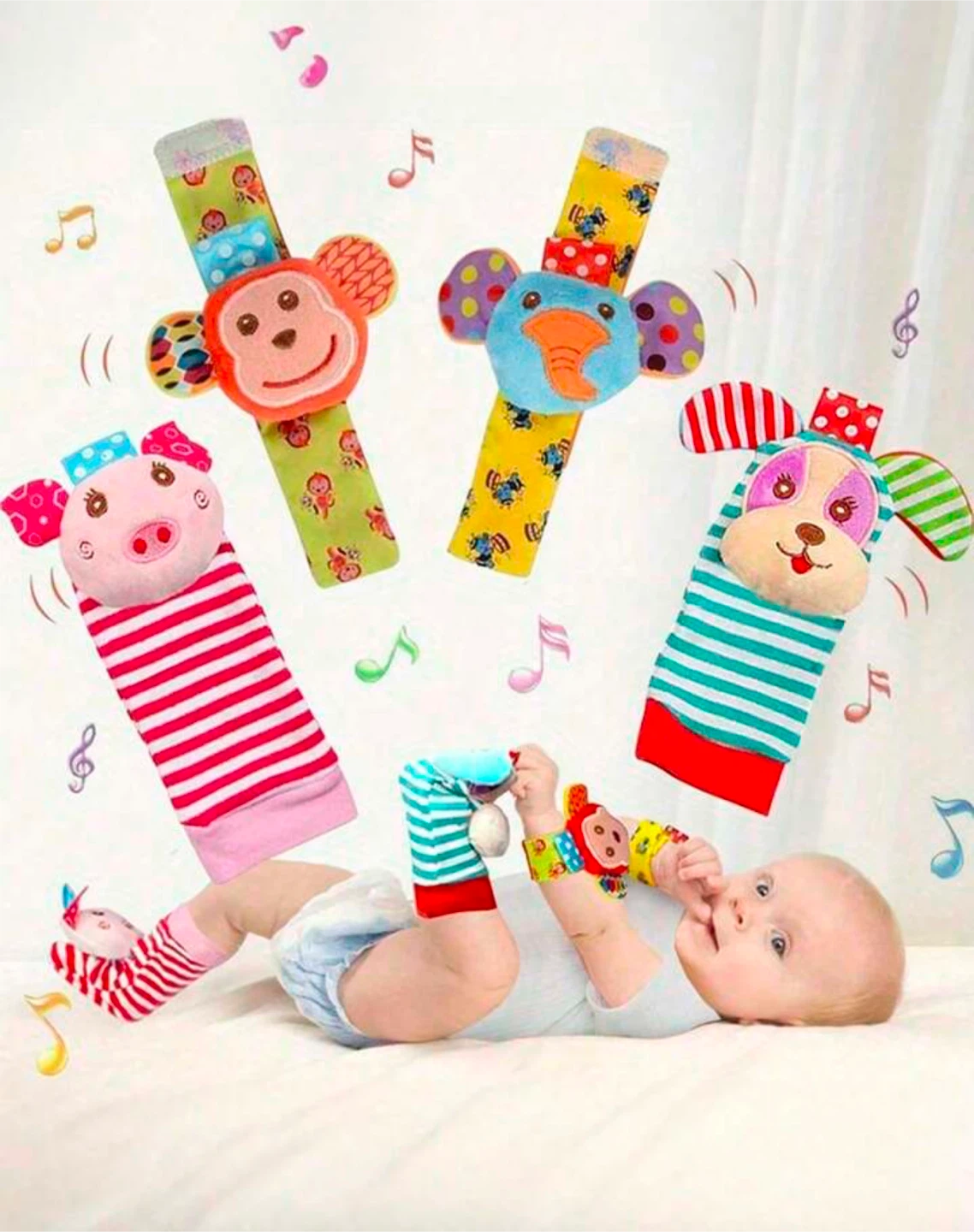 4 Piece Baby Wrist Rattle and Foot Finder Sock Set