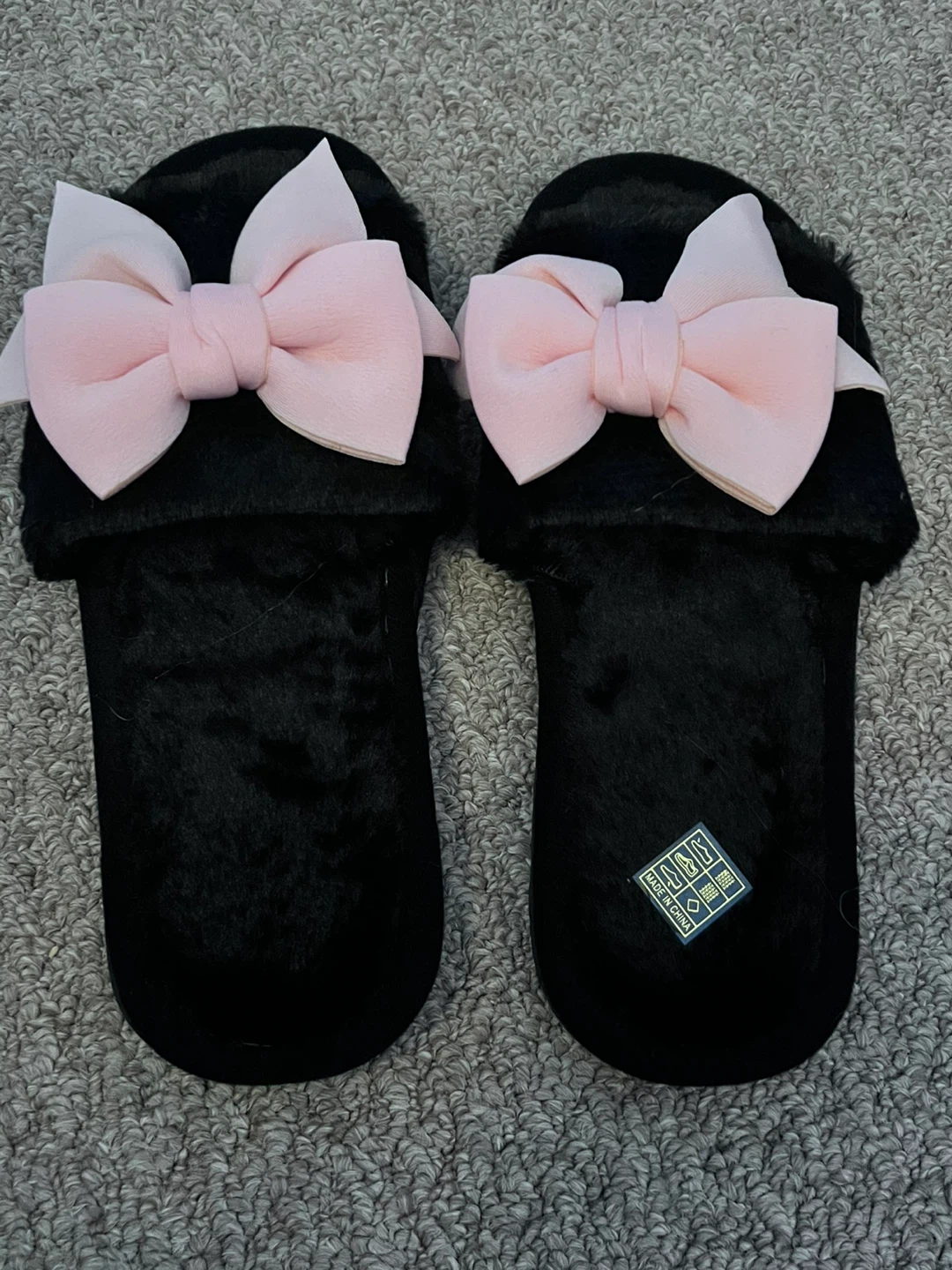 Black Slippers with Pink Bows