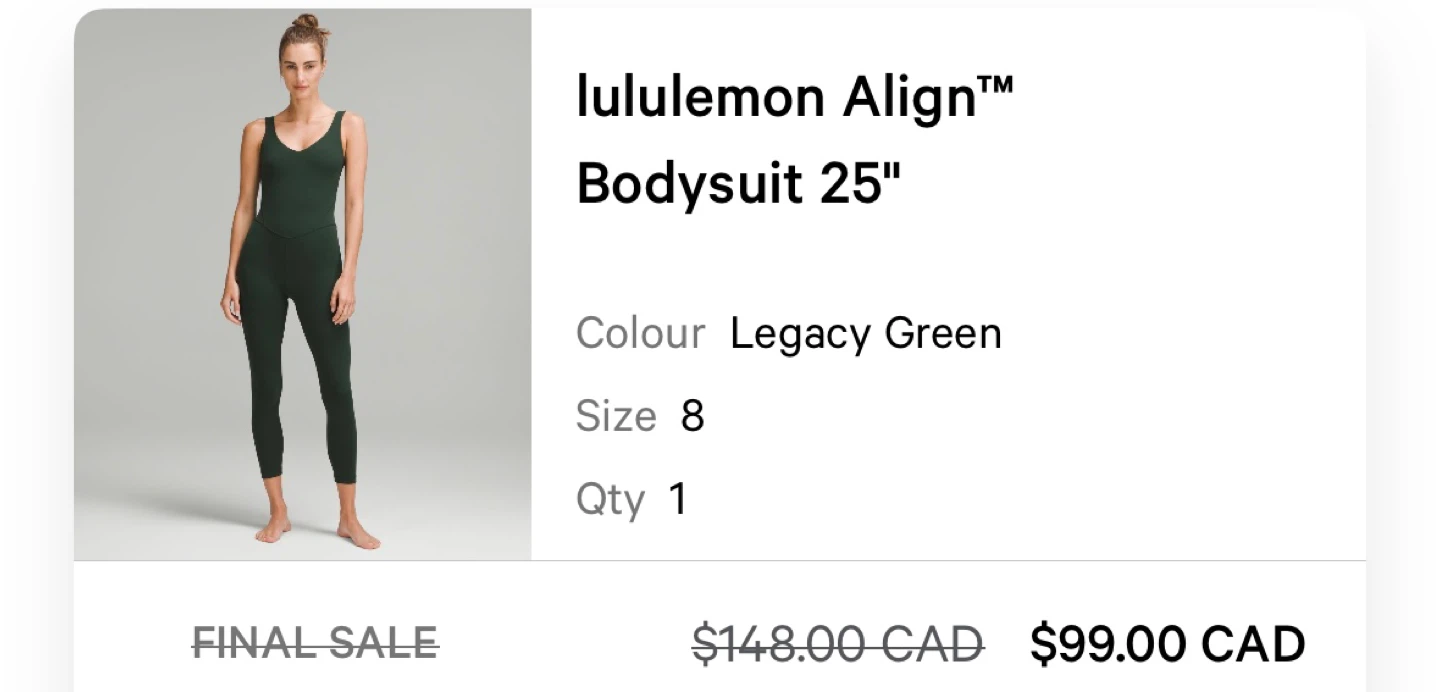 lululemon Align™ Bodysuit 25" Legacy Green - Size 8