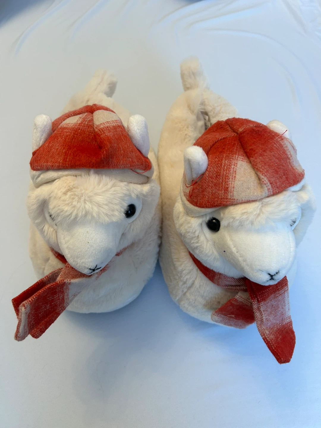 Cream Alpaca Plush Slippers with Red Plaid Hat and Scarf