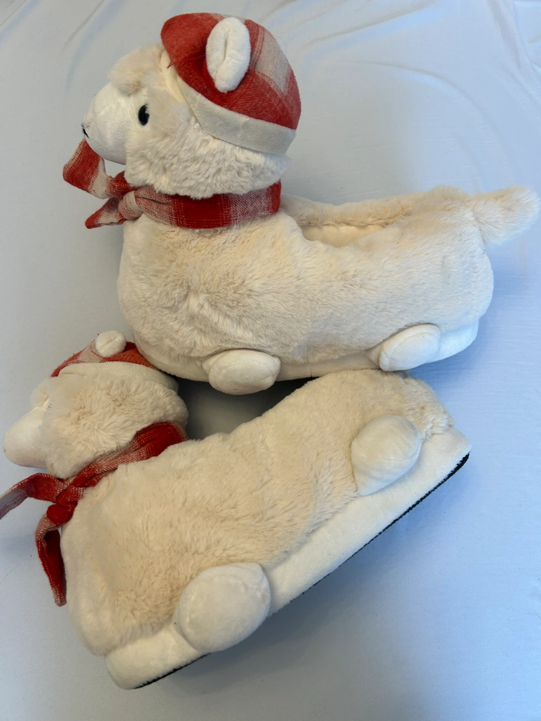 Cream Alpaca Plush Slippers with Red Plaid Hat and Scarf - photo 2