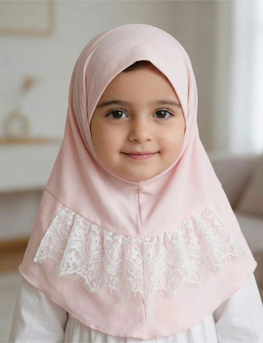 Pink Lace Trim Hijab for Kids