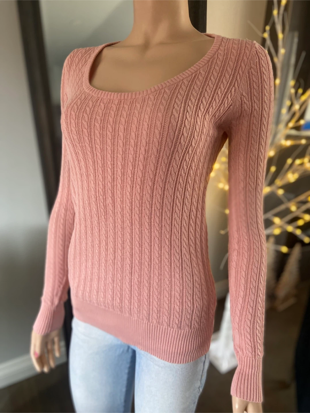 EUC Alfred Sung Pink Cable Knit Long Sleeve Sweater S