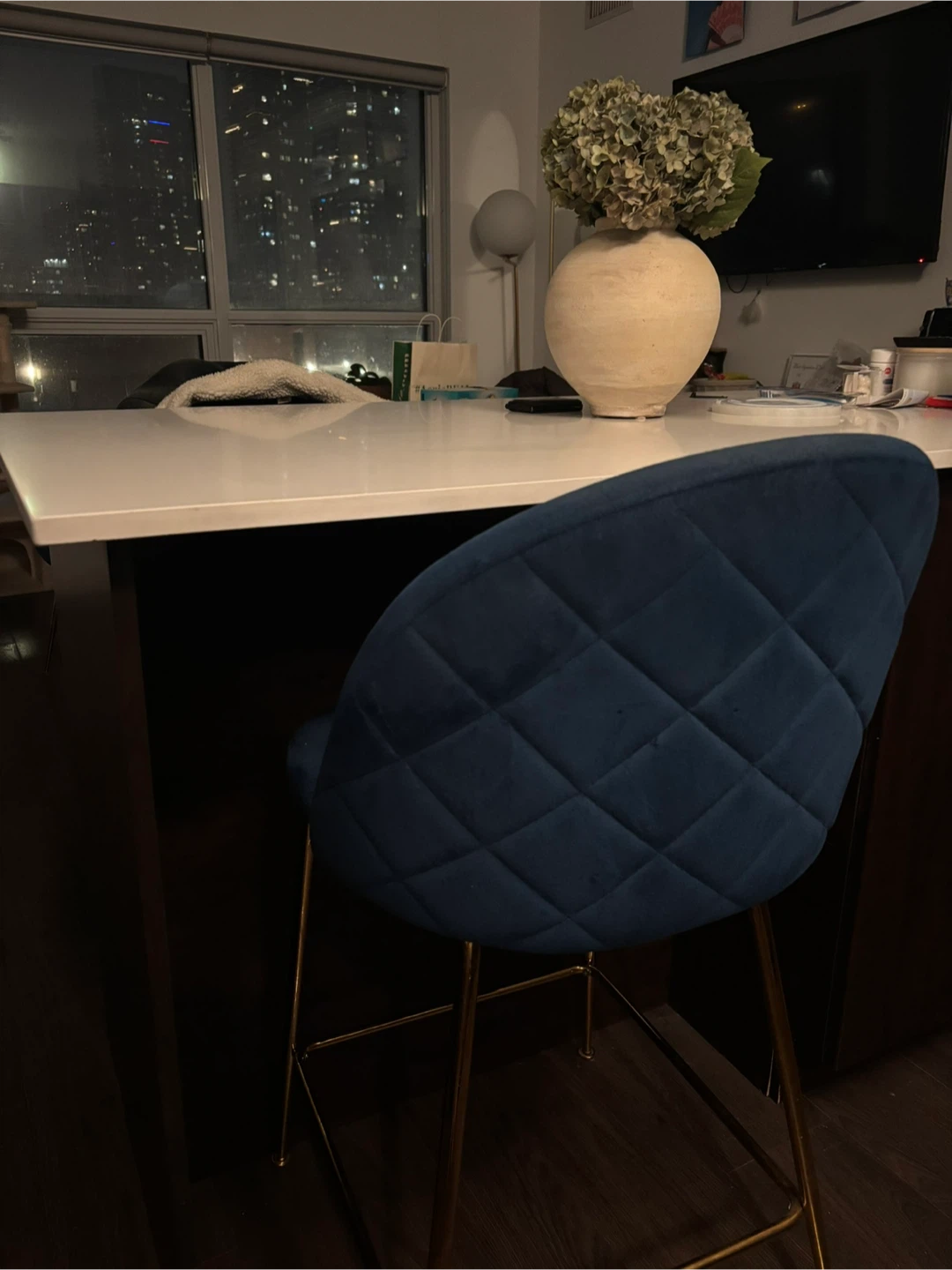 2 Blue Velvet Bar Stool with Gold Legs - photo 2