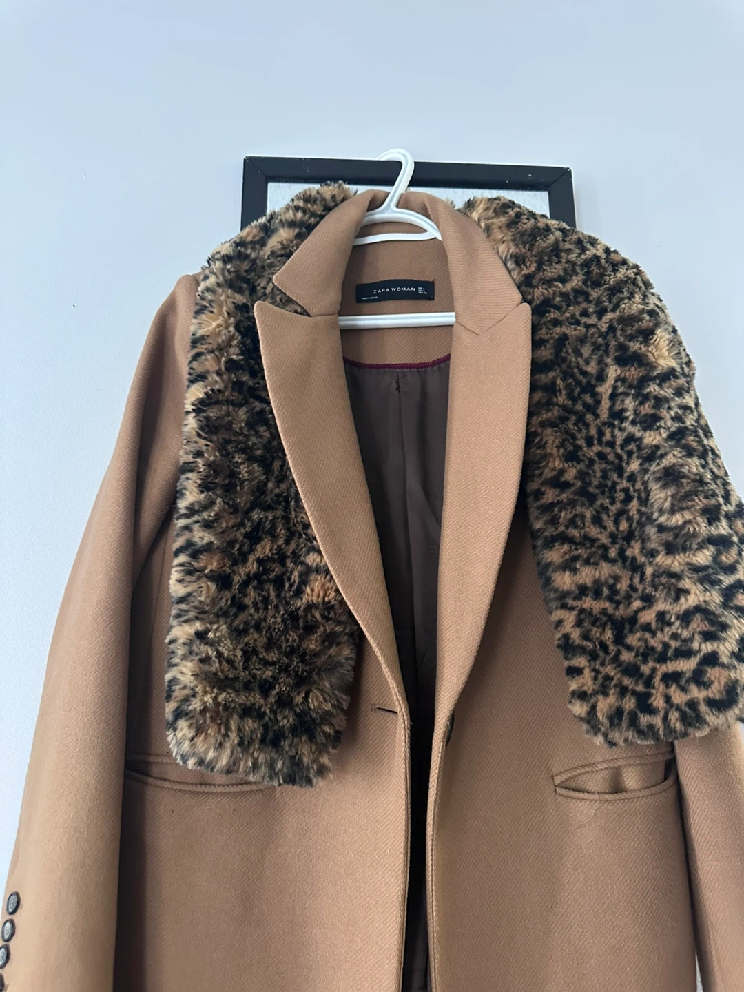 Zara Woman Coat - Tan, Size L with Faux Fur Collar