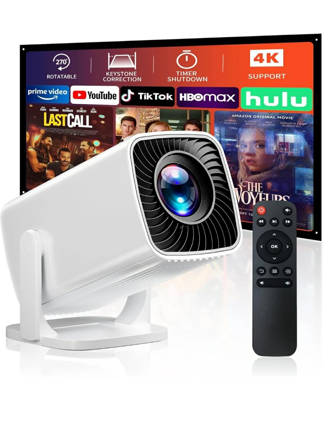 White Projector with 270° Rotation and 4K Support