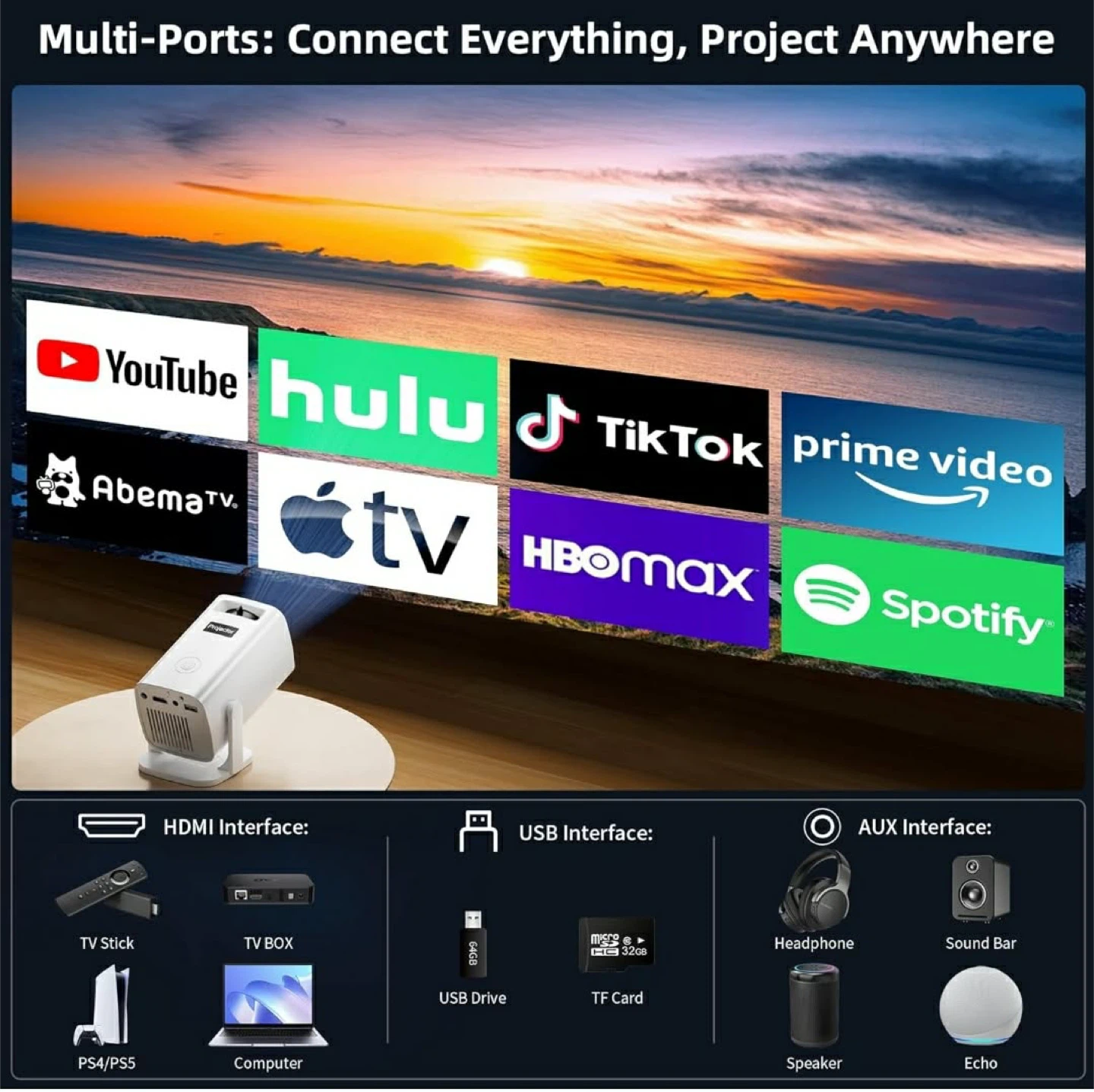 White Projector with 270° Rotation and 4K Support - photo 4